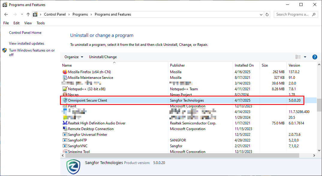 Programs and Features uninstall Sangfor Access Client