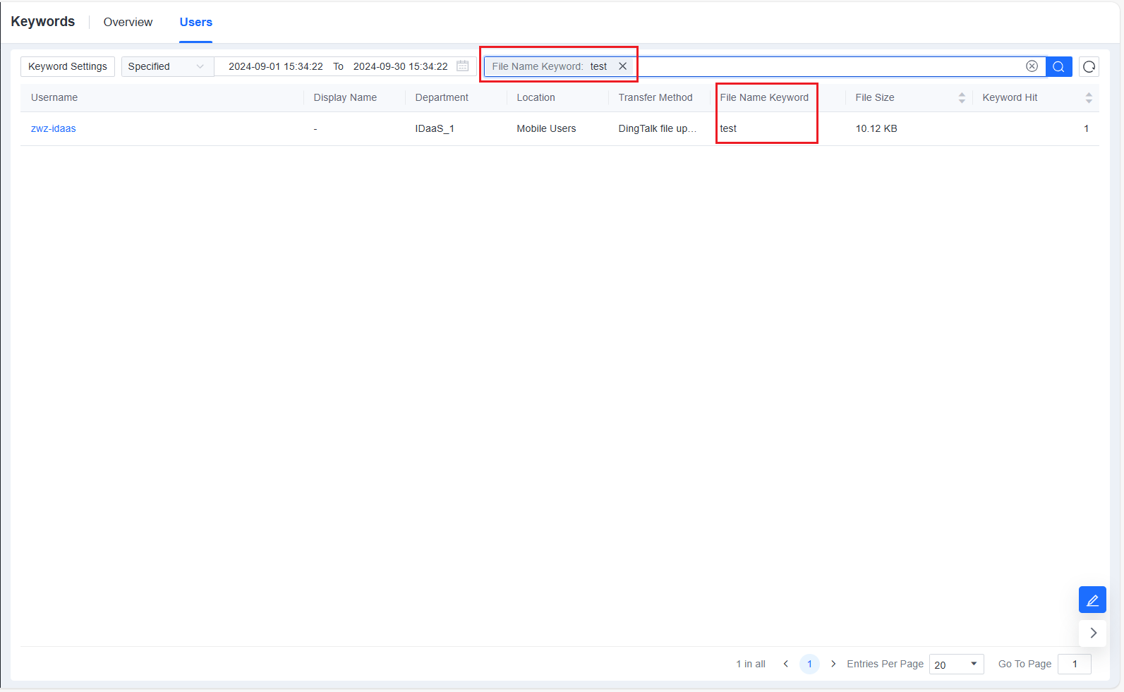 Keywords Users filter by File Name Keyword