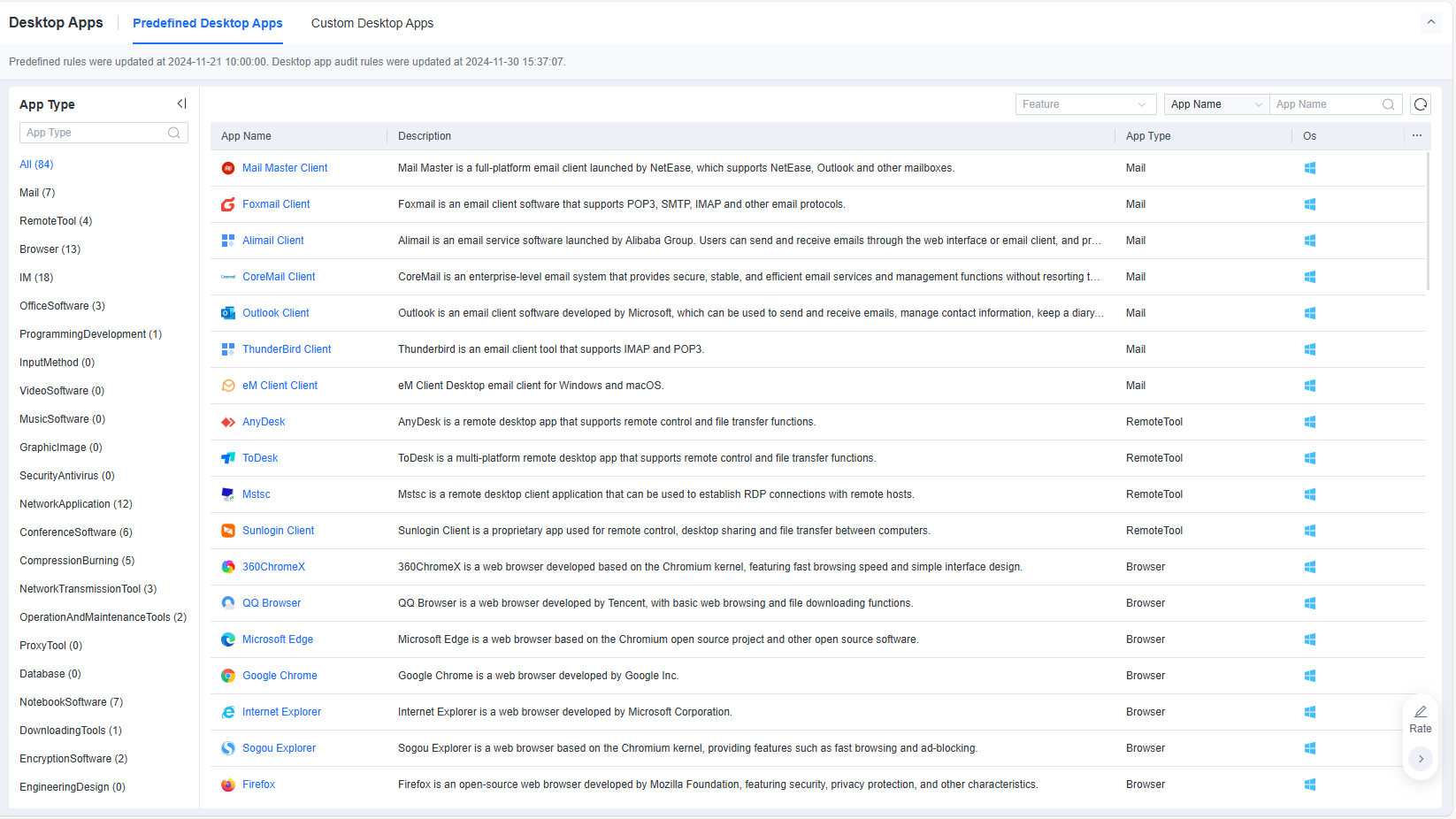 Predefined Desktop Apps list