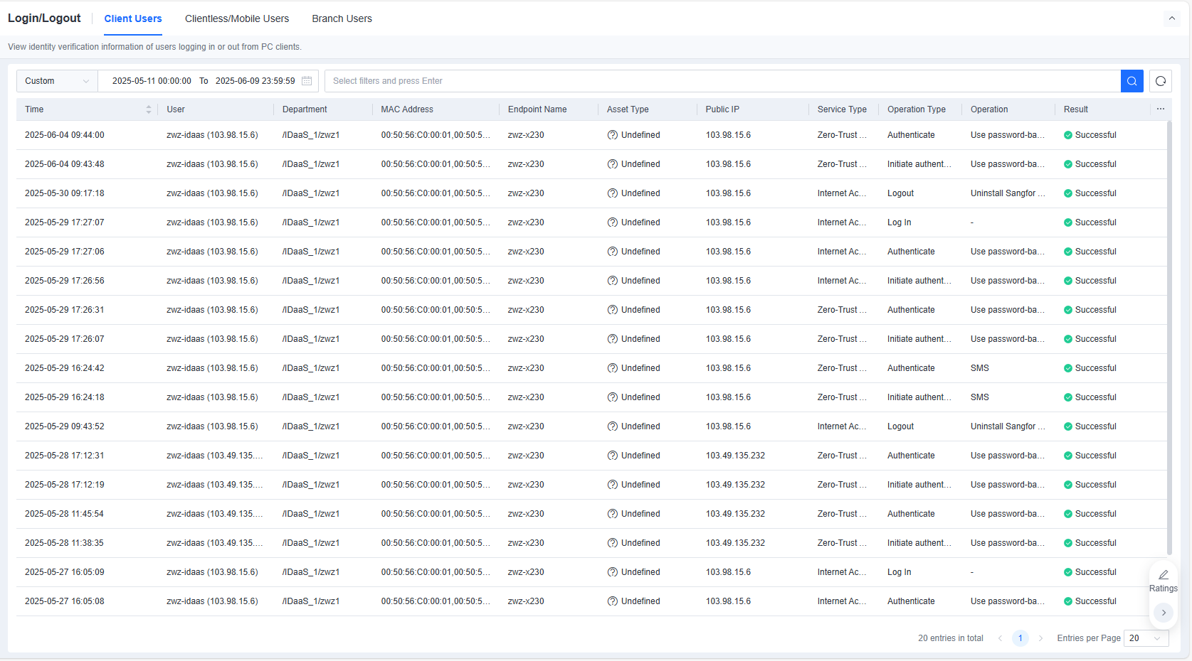 Login/Logout Client Users tab with login records