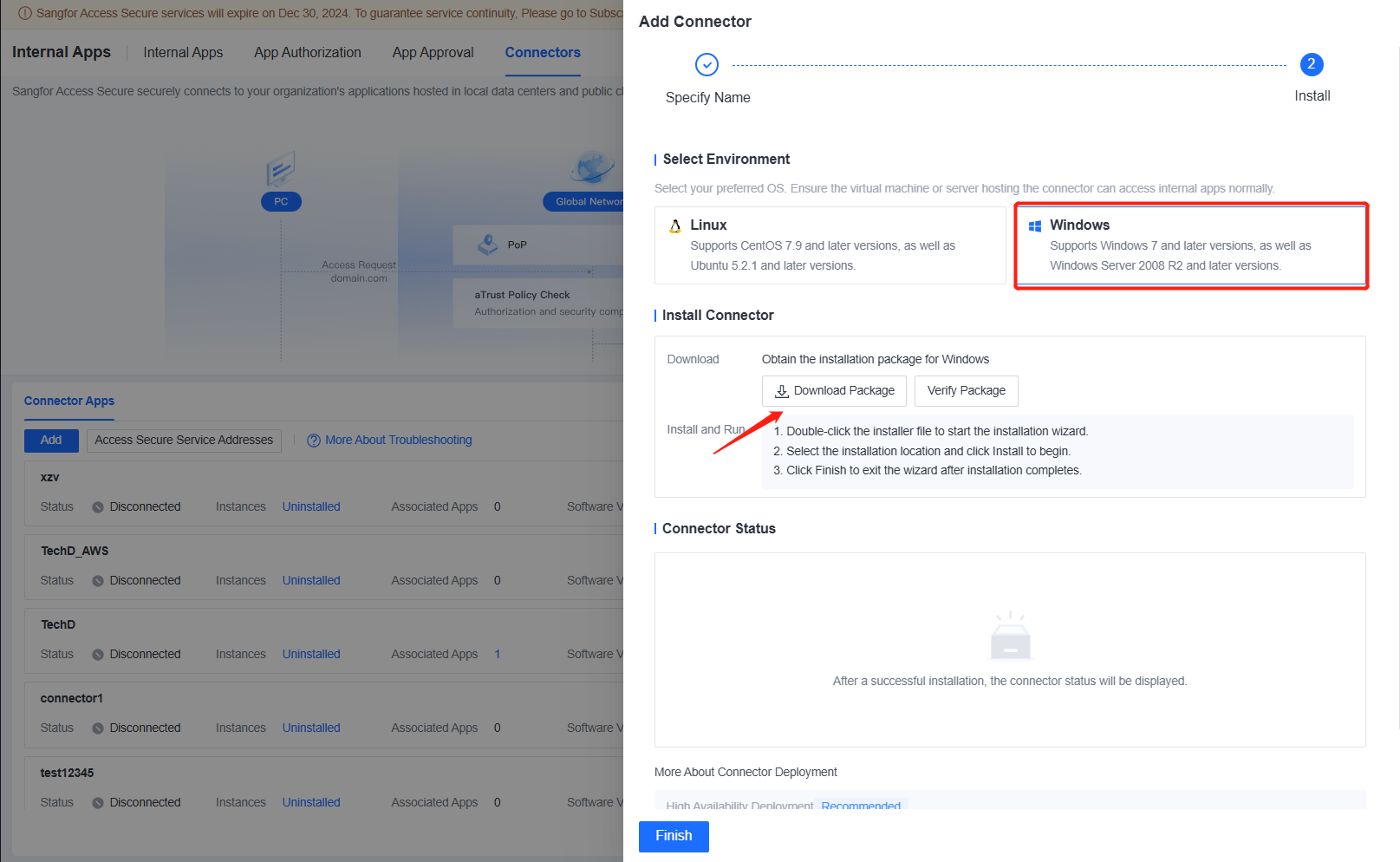Add Connector Windows environment selection and Download Package