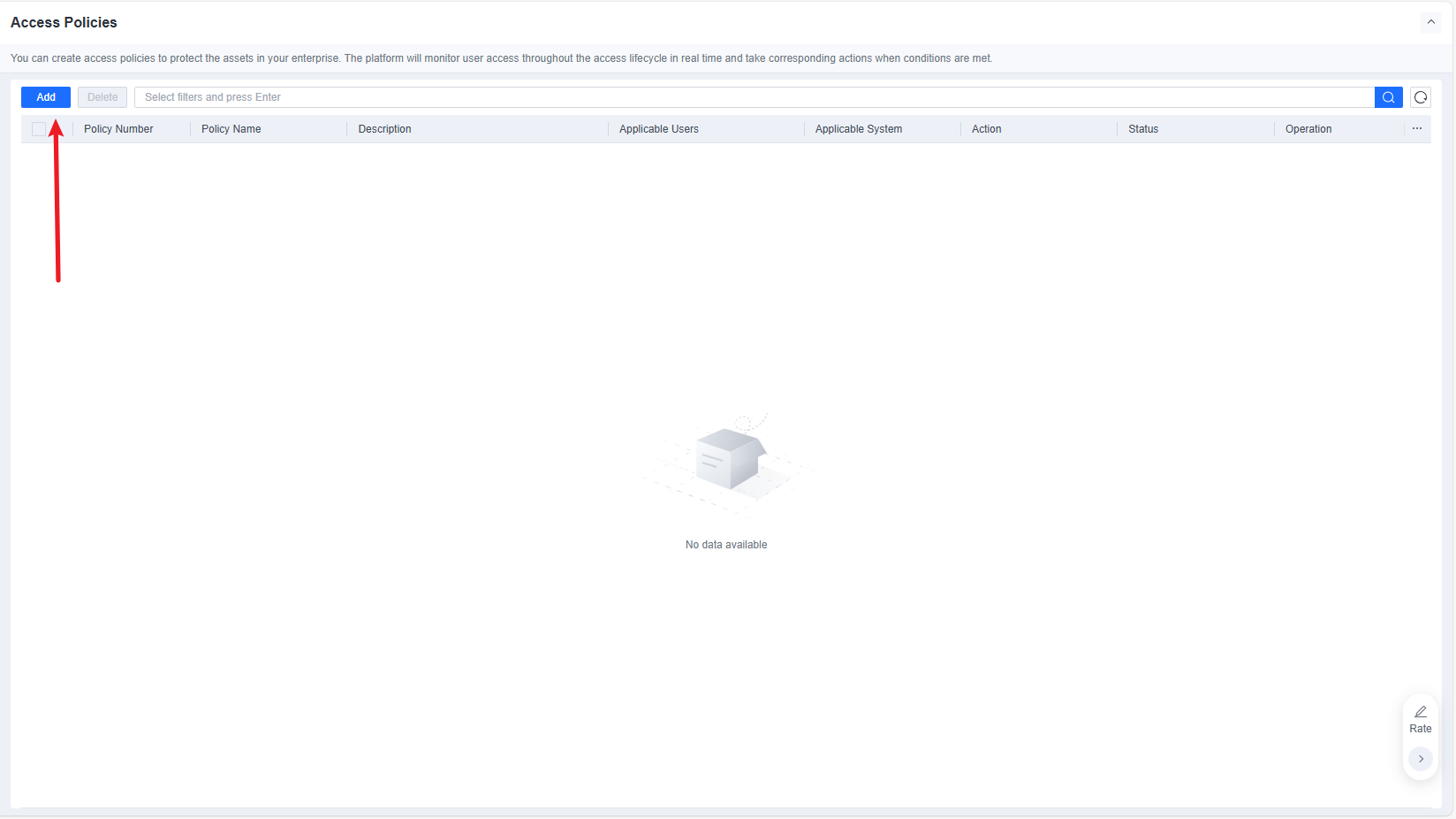 Access Policies main list page with Add button to create policy