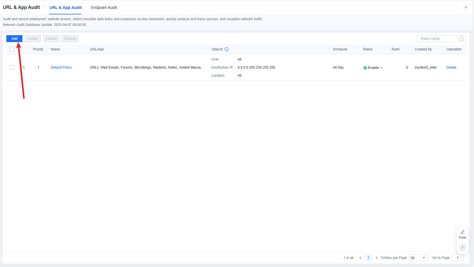 URL and App Audit policy list