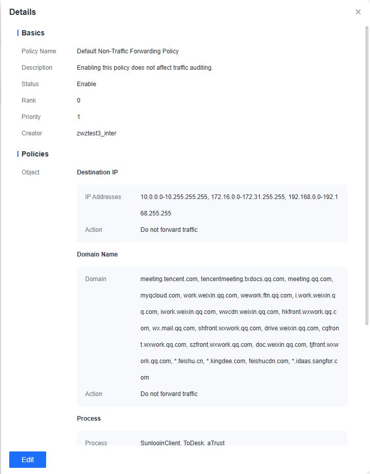 Default Non-Traffic Forwarding Policy details