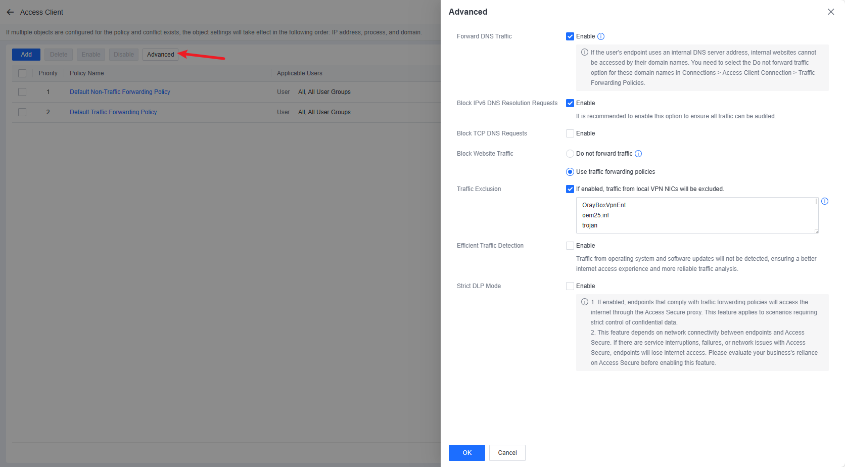 Advanced traffic forwarding settings