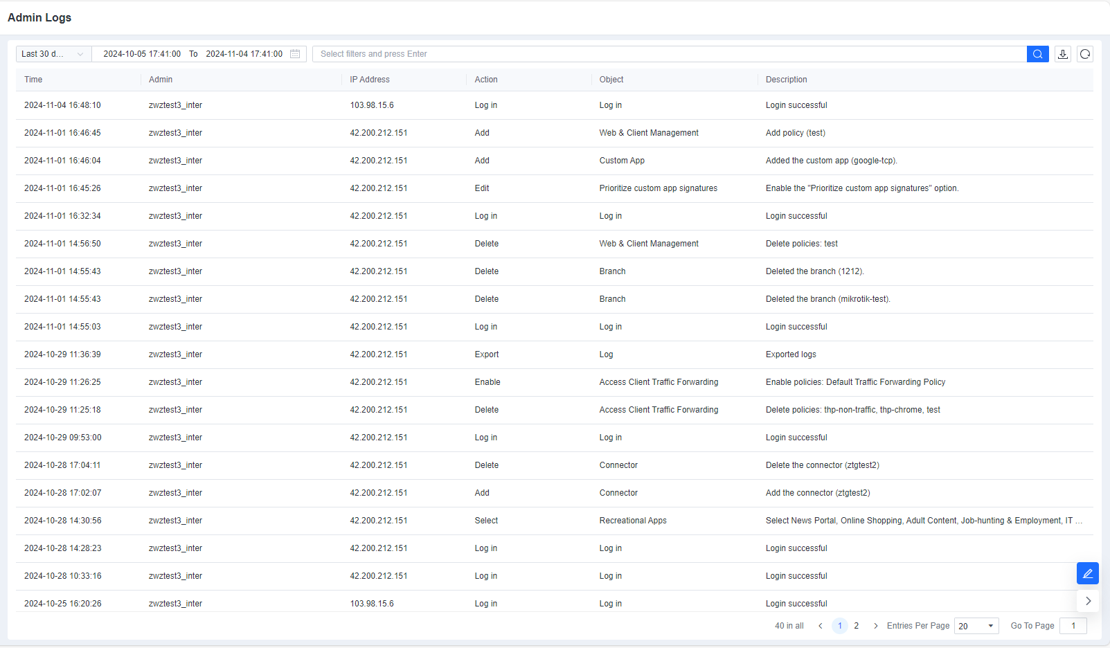 Admin Logs page with administrator operation entries