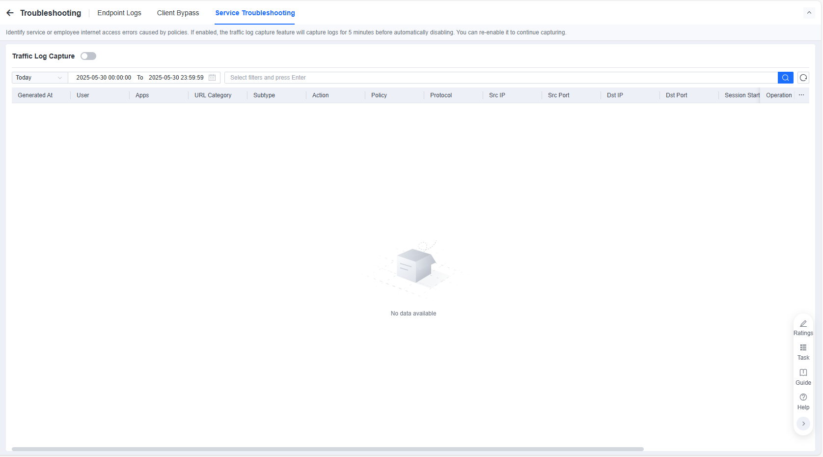 Service Troubleshooting Traffic Log Capture
