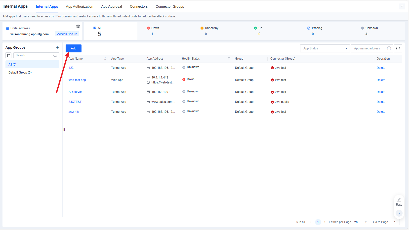 Internal Apps list showing Web App and Tunnel App entries with health status