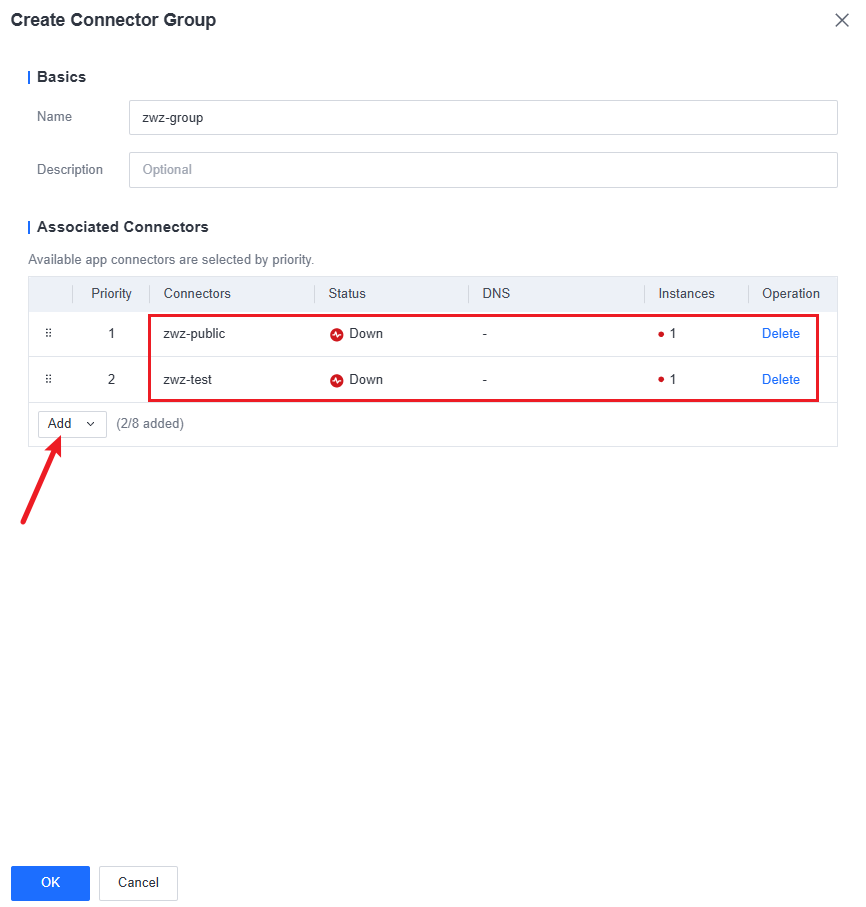 Create Connector Group dialog with name and associated connectors by priority