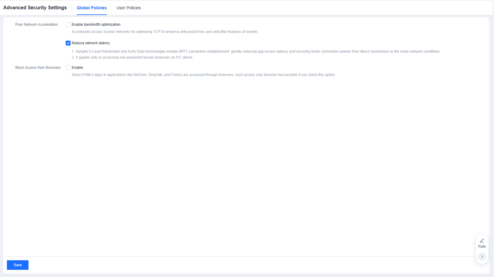 Advanced Security Settings Global Policies tab with bandwidth and latency options