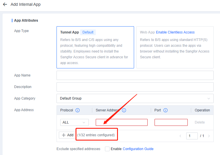 Add Internal App with Tunnel App selected, App Address fields highlighted