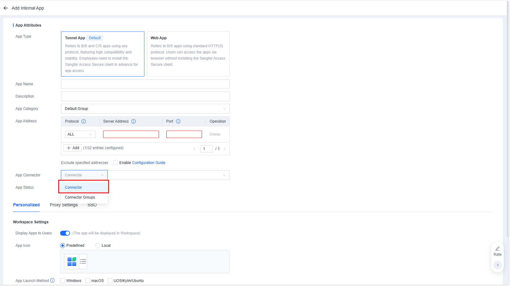 Tunnel App App Connector and Connector Group selection