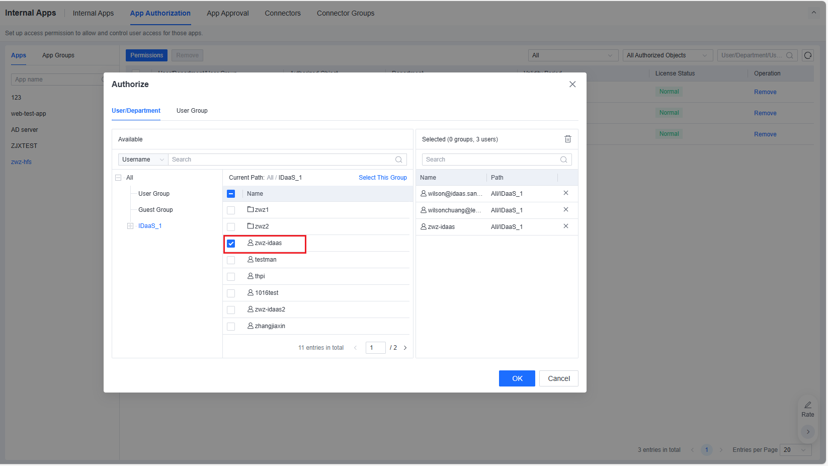 Authorize dialog selecting users and groups to grant app access