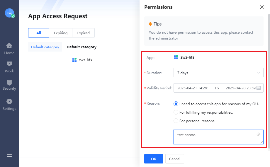 Client side App Access Request form with Duration, Validity Period and Reason fields