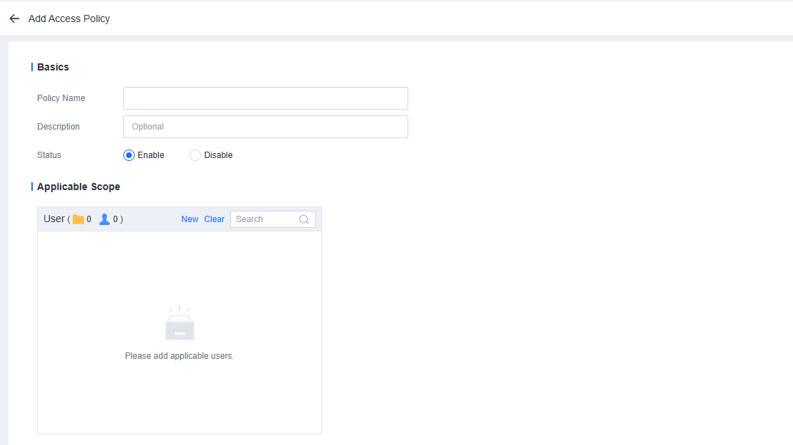 Add Access Policy form Basics and Applicable Scope user selection