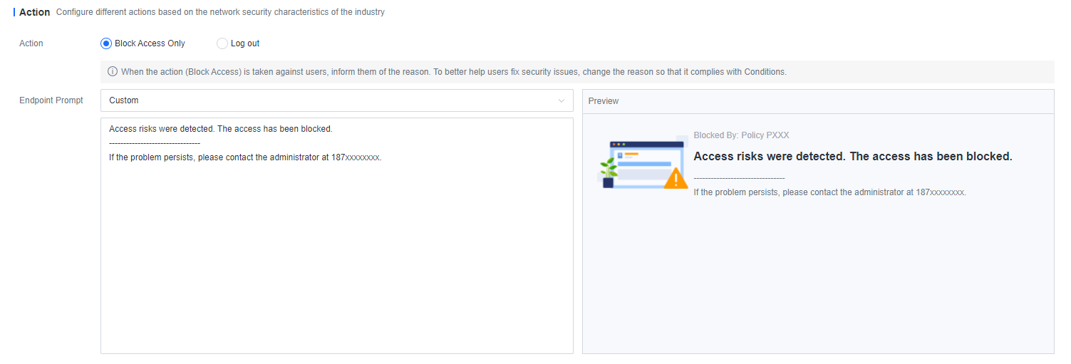 App Protection Policy Action with Block Access Only and endpoint prompt preview