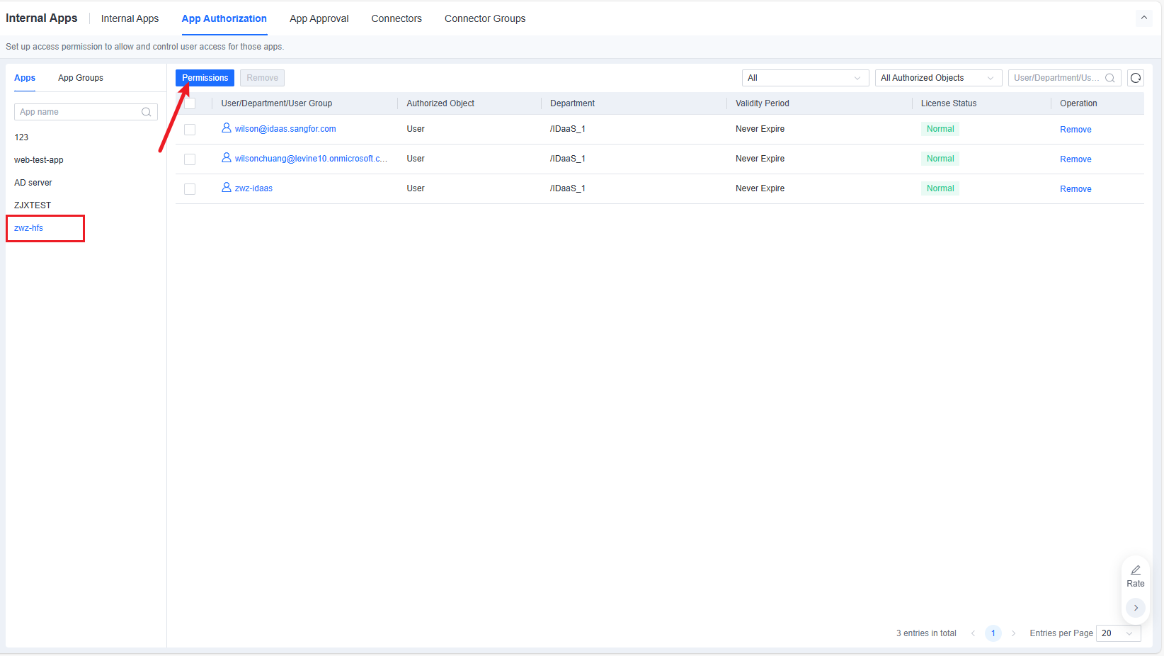 App Authorization tab with Permissions button and authorized user list
