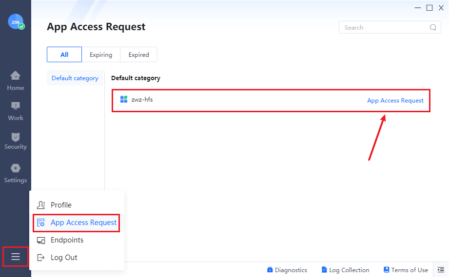 Sangfor Access Client App Access Request menu on end-user workspace