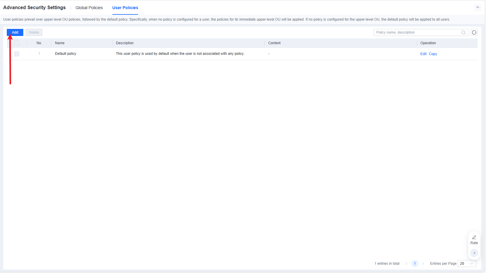 Advanced Security Settings User Policies tab with default policy list