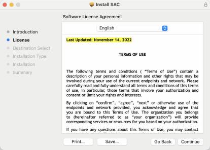 Install SAC on macOS - License Agreement