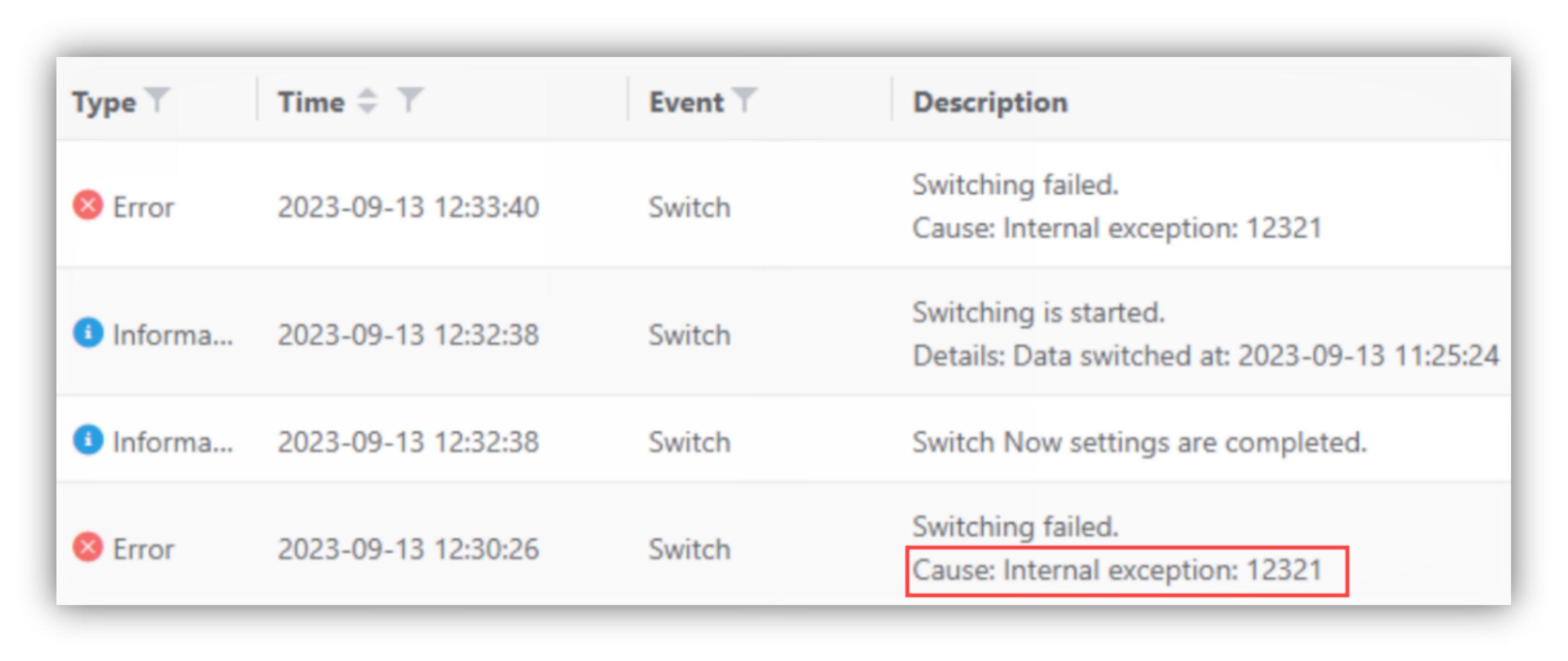 Error Log: Switching failed. Cause: Internal exception: 12321