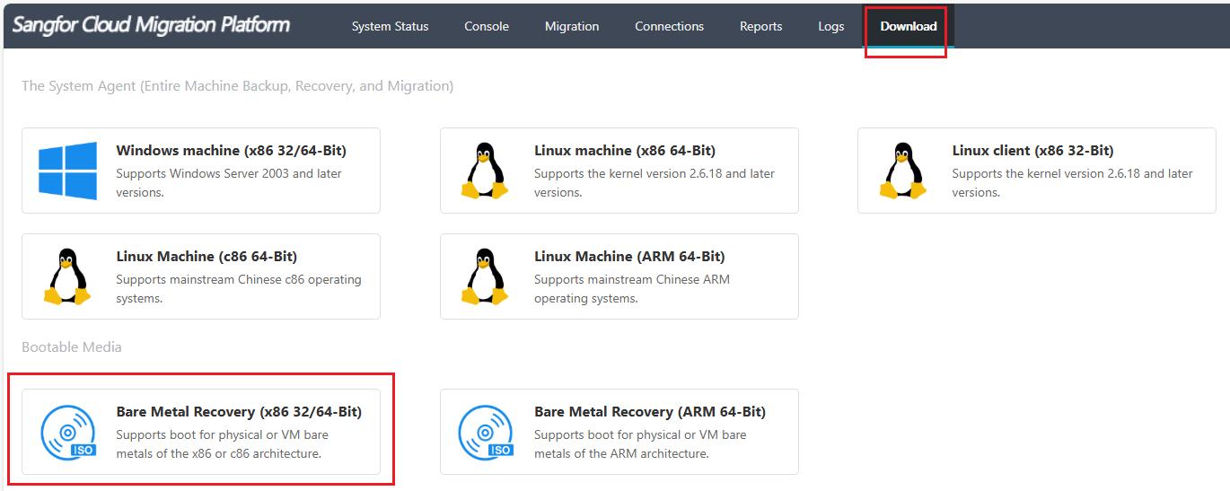 Download page Bare Metal Recovery x86 option