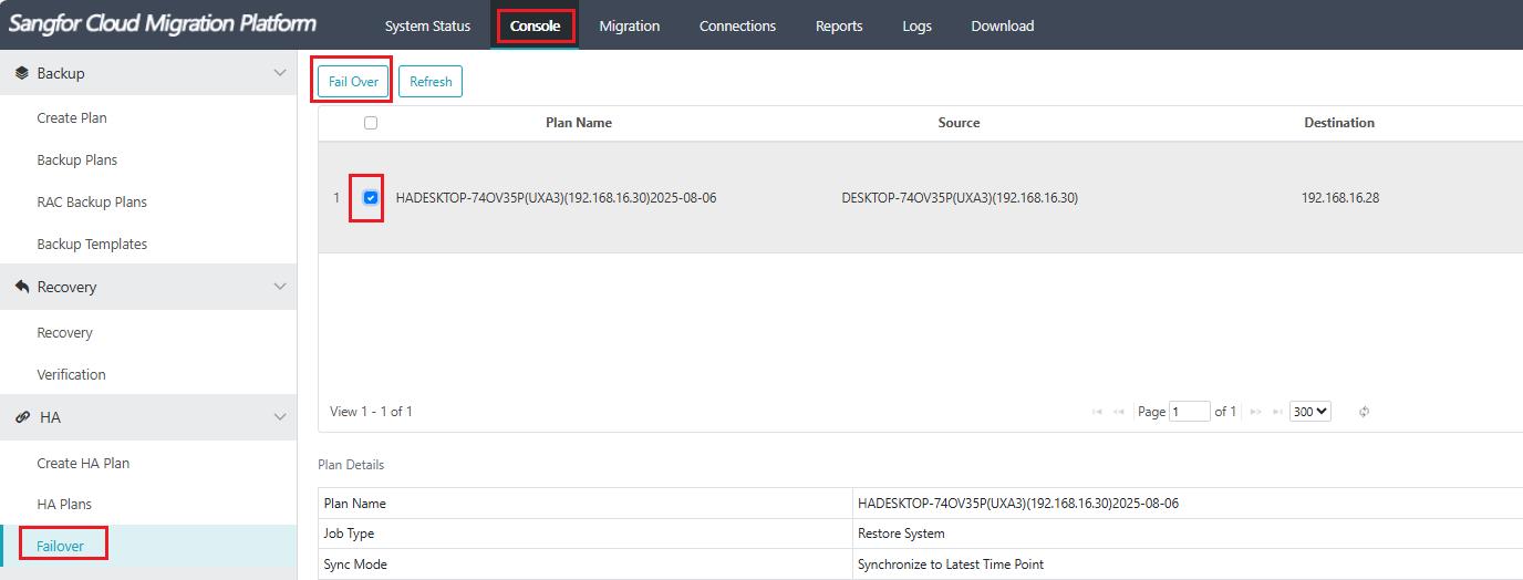 Failover dialog Switch To specified Backup CDP