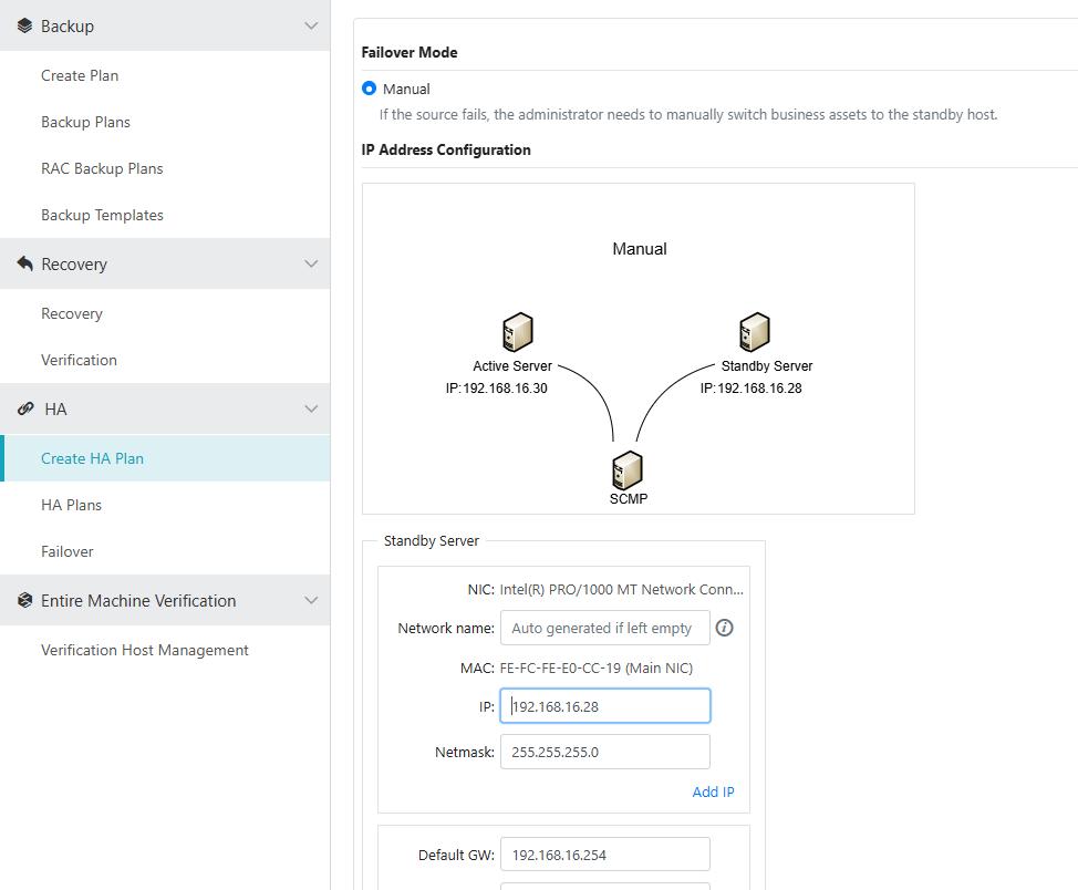 HA Plan Failover Mode Manual IP Configuration