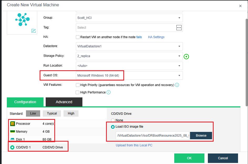 Create New Virtual Machine dialog Guest OS Windows 10 Load ISO