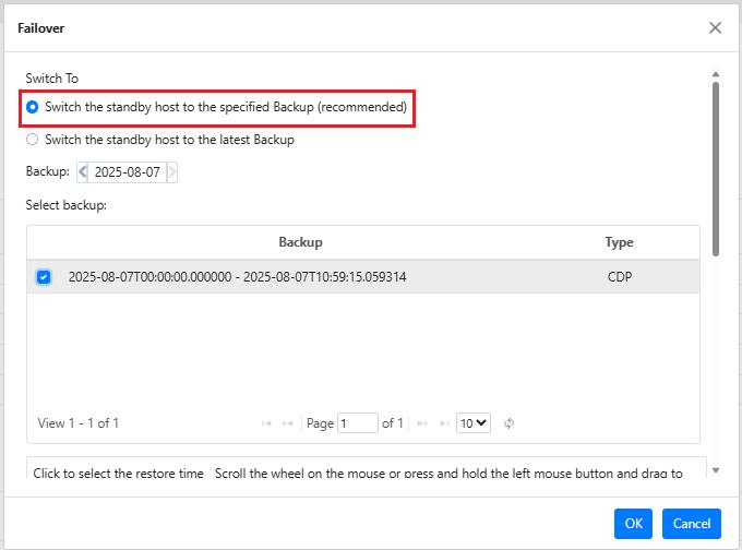 Failover restore time window selection OK