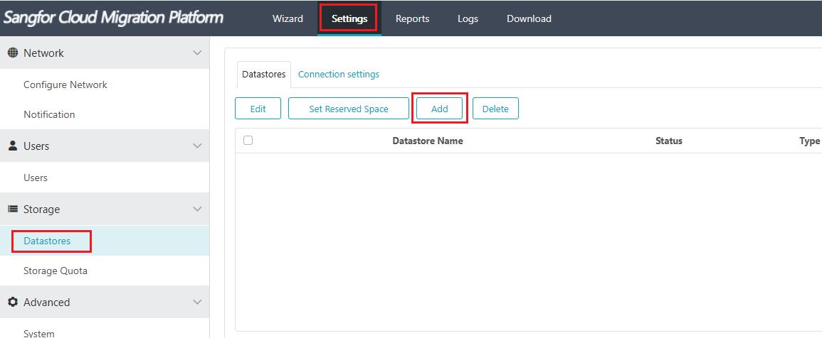 Settings Datastores Add button