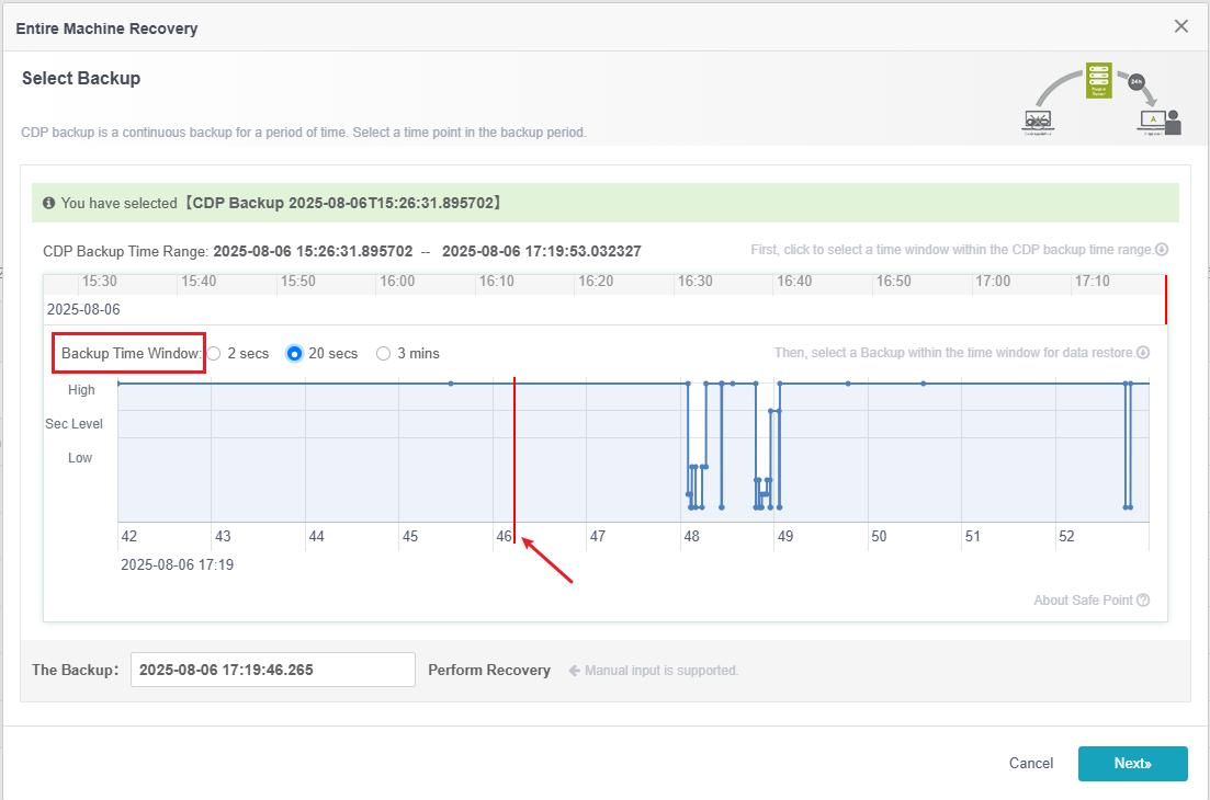 Entire Machine Recovery Select Backup CDP time window