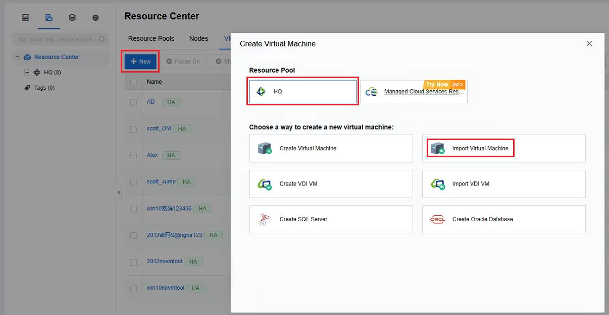 Sangfor SCP: New VM wizard with Import Virtual Machine option