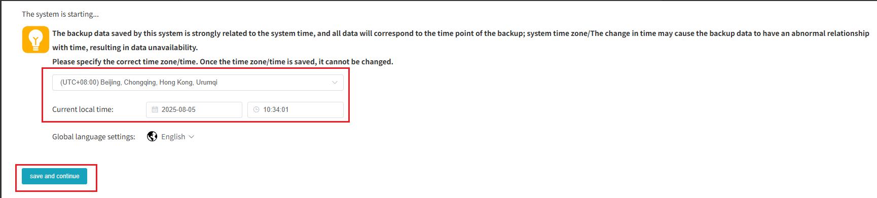 SCMT initial setup wizard: time zone and language