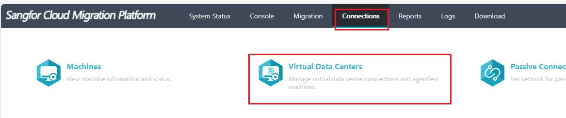 Connections menu: Virtual Data Centers