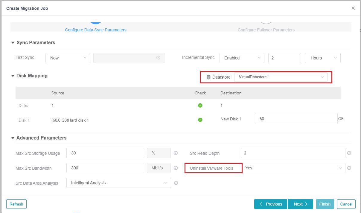 Configure Data Sync Parameters: datastore, disk mapping, bandwidth