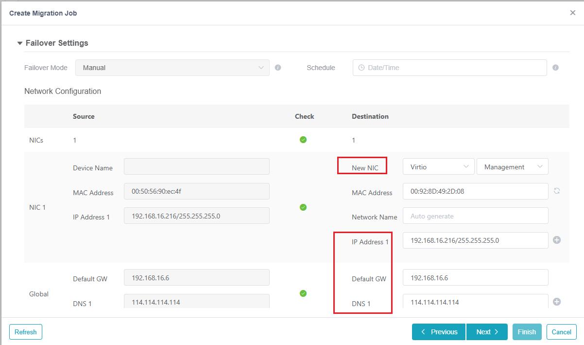 Failover Settings network configuration: NIC, IP, gateway, DNS