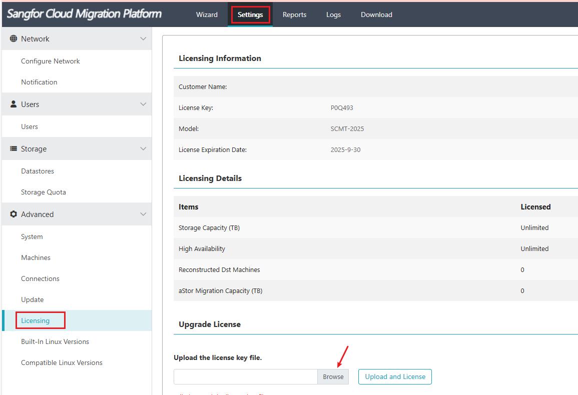 Settings > Licensing page with Browse and Upload License