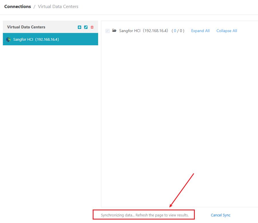 Sangfor HCI virtual data center connected and synchronizing