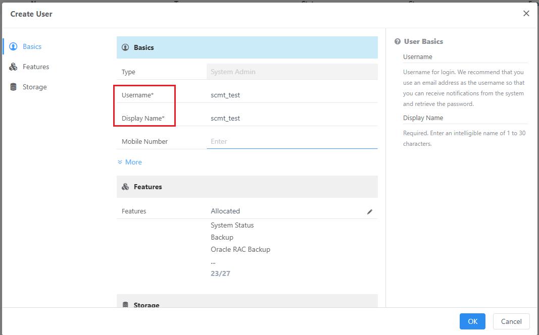Create User dialog with Username and Display Name
