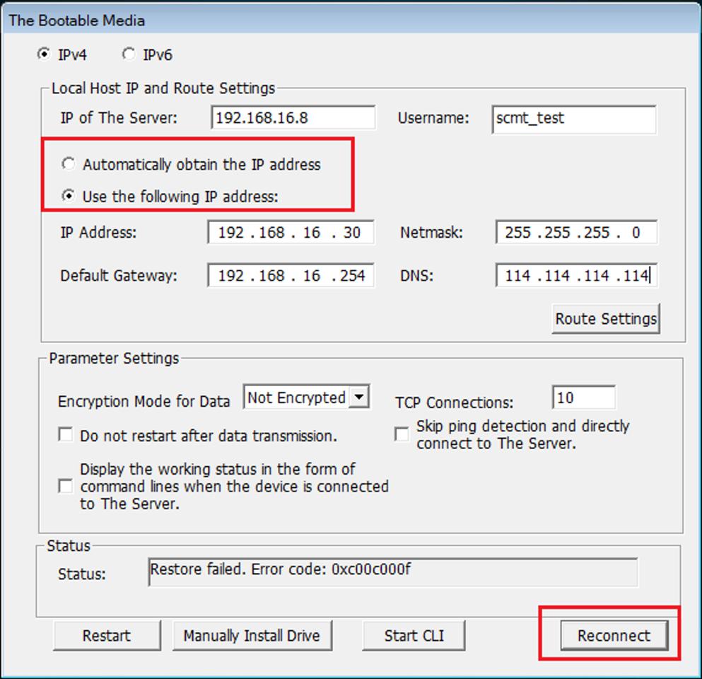 Bootable Media tool: IP and route settings for target