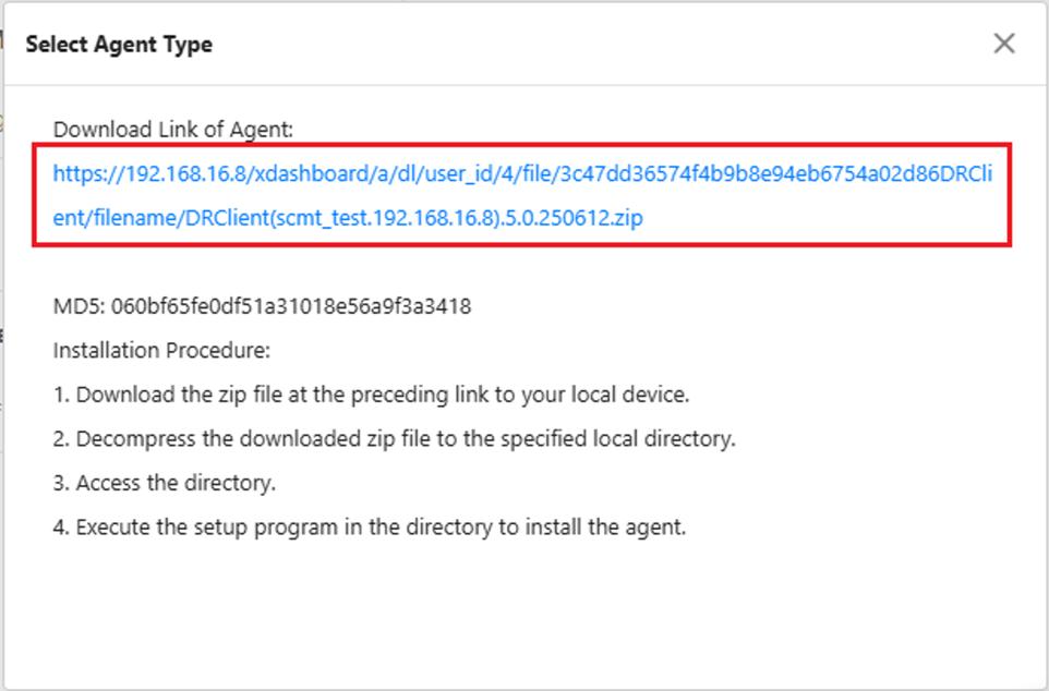 Agent download link and installation procedure