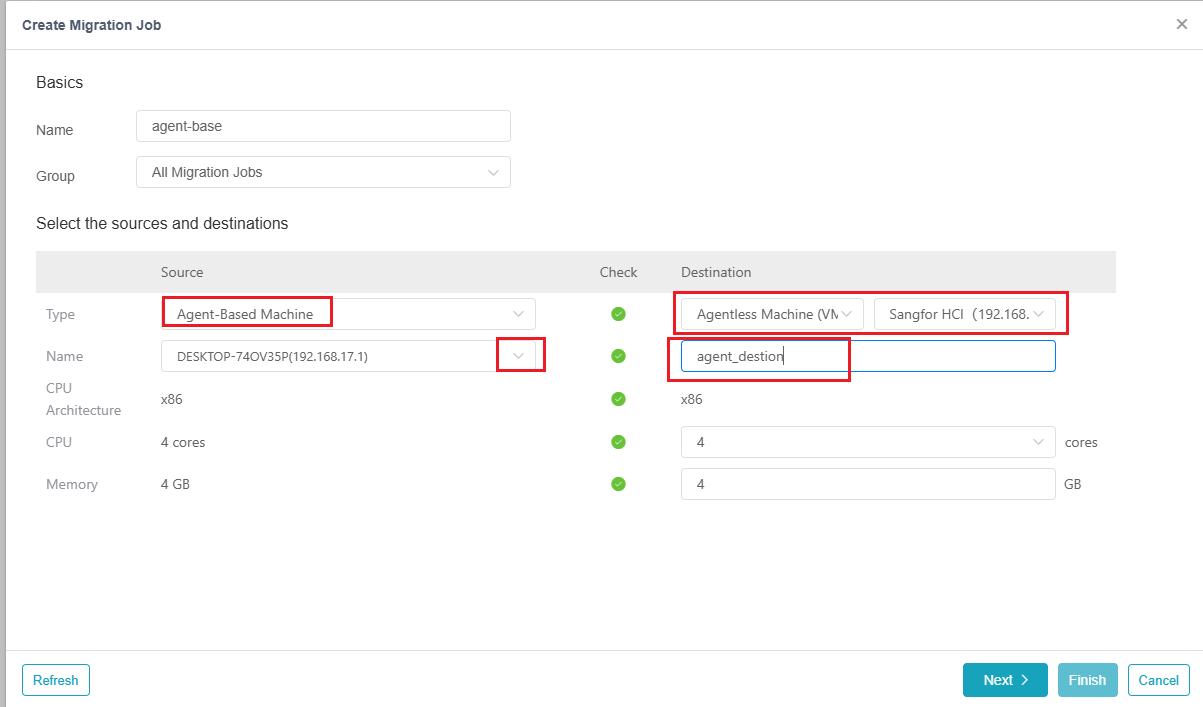 Create Migration Job: Agent-Based Machine with source DESKTOP host