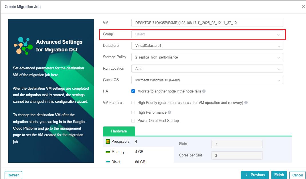 Advanced Settings for Migration Destination VM (agent-based)