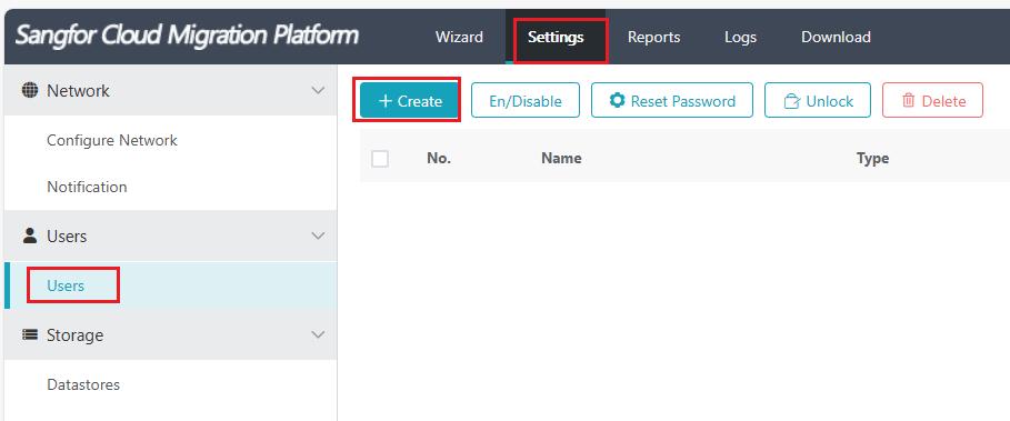Settings > Users page with Create button