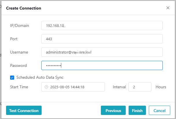 vCenter connection: IP, port 443, administrator credentials