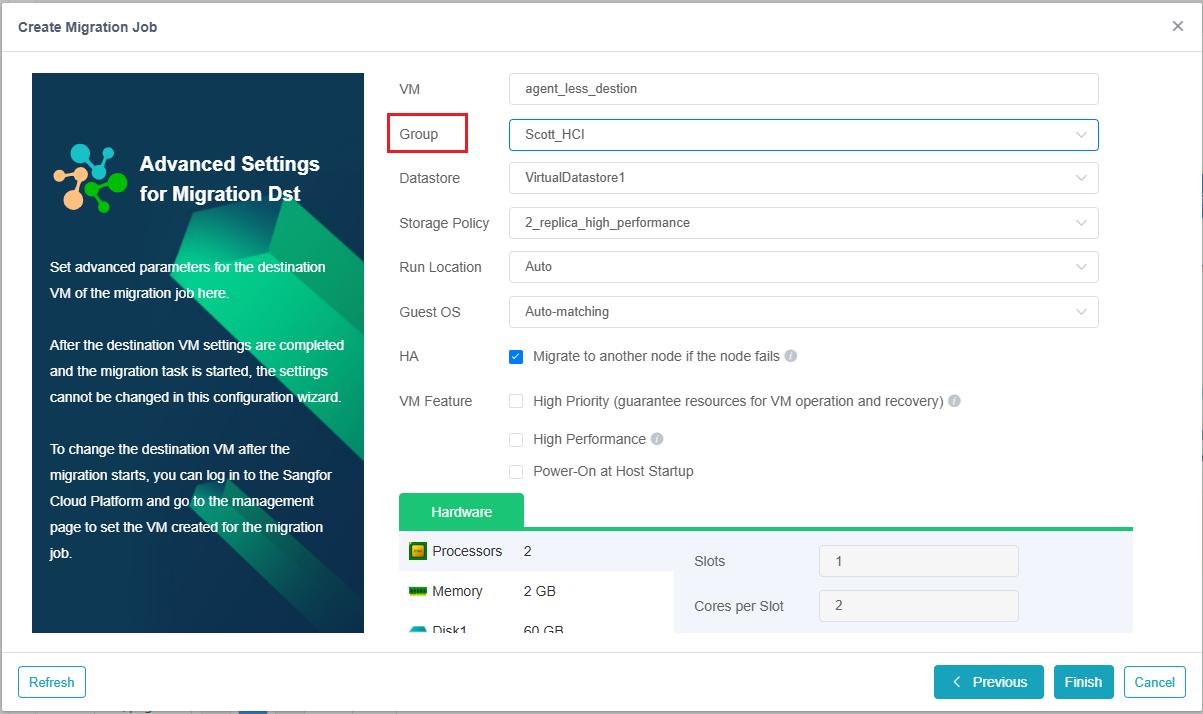 Advanced Settings for Migration Destination VM