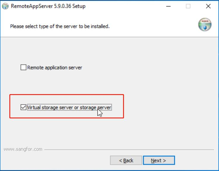 RemoteAppServer Setup select Virtual storage server or storage server