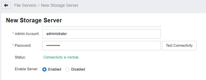 New Storage Server form Test Connectivity