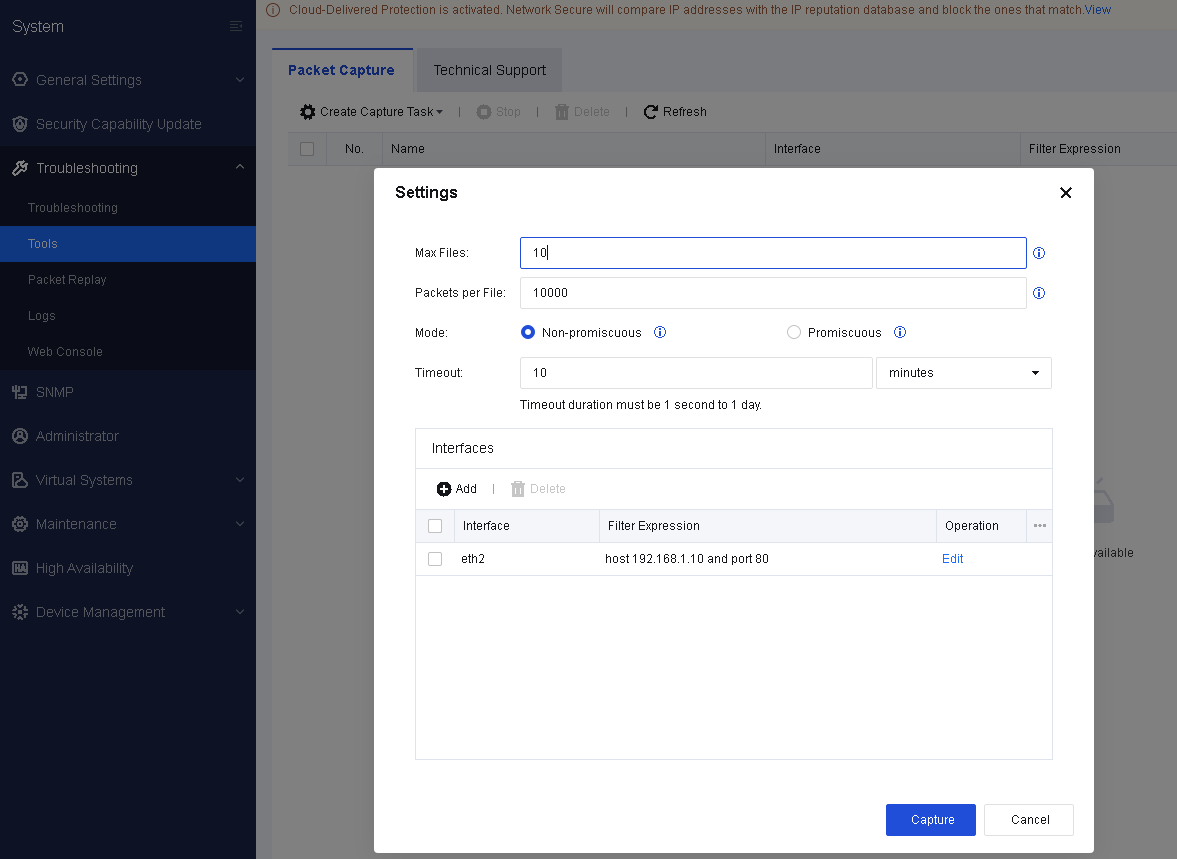 หน้า Packet Capture Settings dialog บน NGAF แสดงการตั้งค่า Max Files, Packets per File, Mode, Timeout และ Interfaces พร้อม Filter Expression